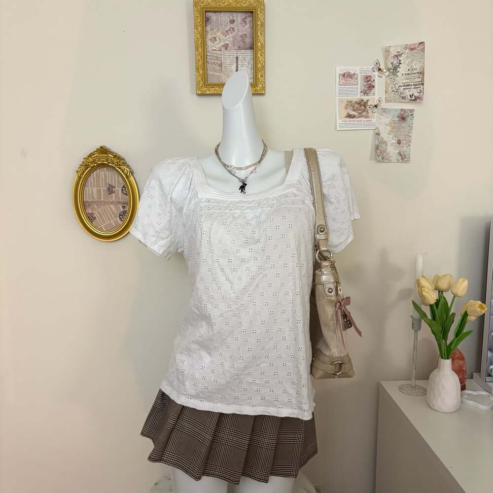 Style & Co White Eyelet Puff Sleeve Square Neck Top Y2K Cottagecore Coquette Pet